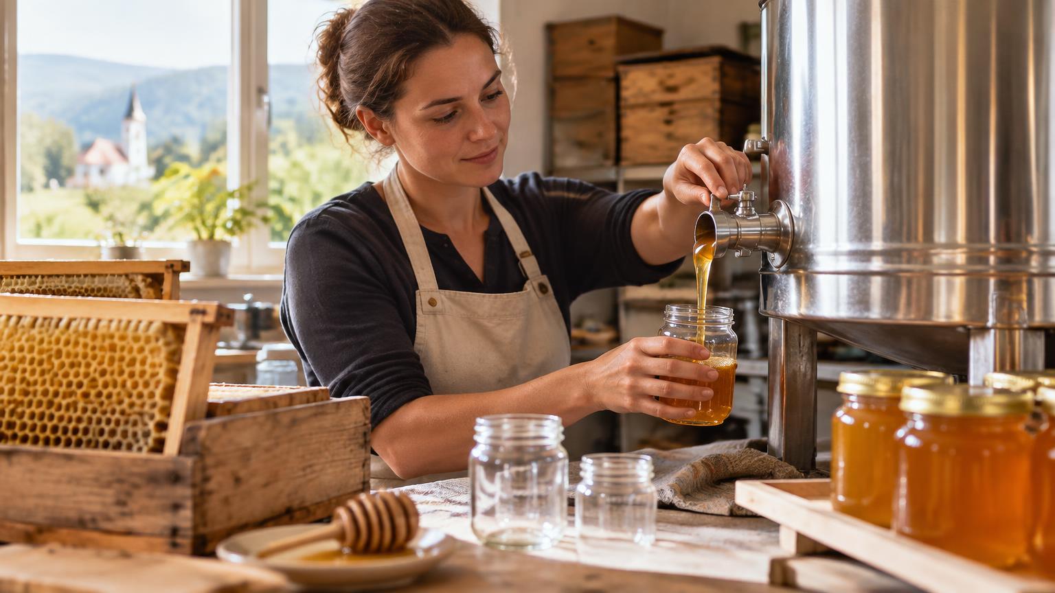 Imkerin beim Abfüllen von goldenem Honig in der kleinen Imkerei